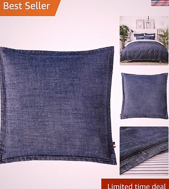 100% Cotton Washed Yarn Dyed Denim Euro Sham Cover 26'' x 26'' Throw Pillow C...