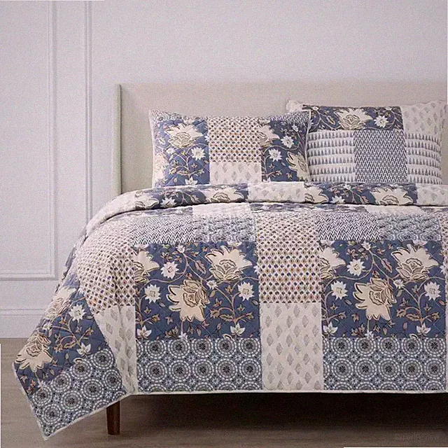 Ansley Washed Denim Patchwork Full/Queen Cotton Quilt Set