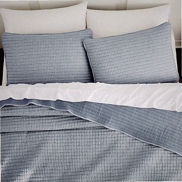 Chambray Pick Stitch King Size Quilt Set, Denim Blue Striped Lightweight Soft...