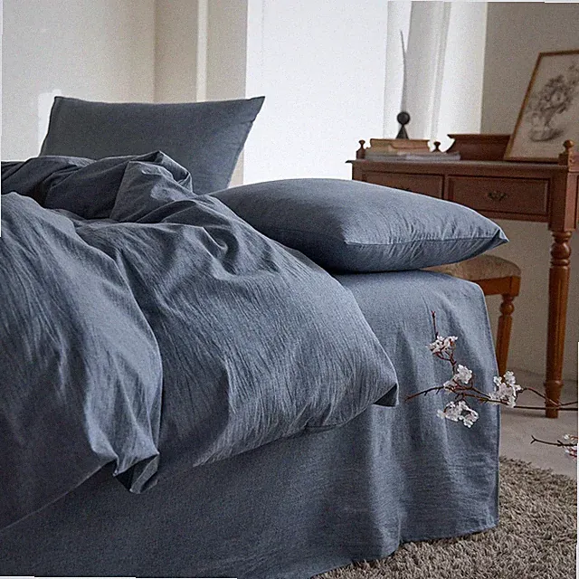 Cotton Duvet Cover Set, Queen Size, Chambray Denim Blue, 100% Washed Cotton, Li