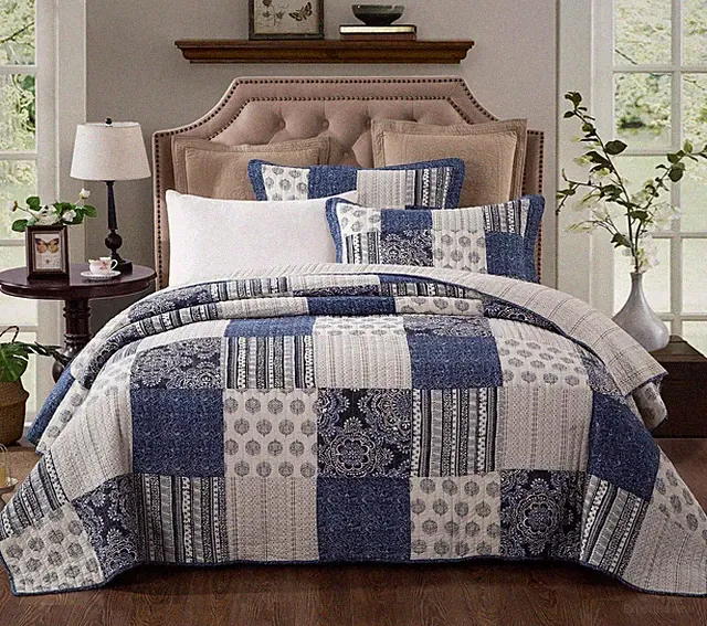DaDa Bedding Bohemian Denim Blue Elegance Patchwork Cotton Bedspread Set (JHW-66