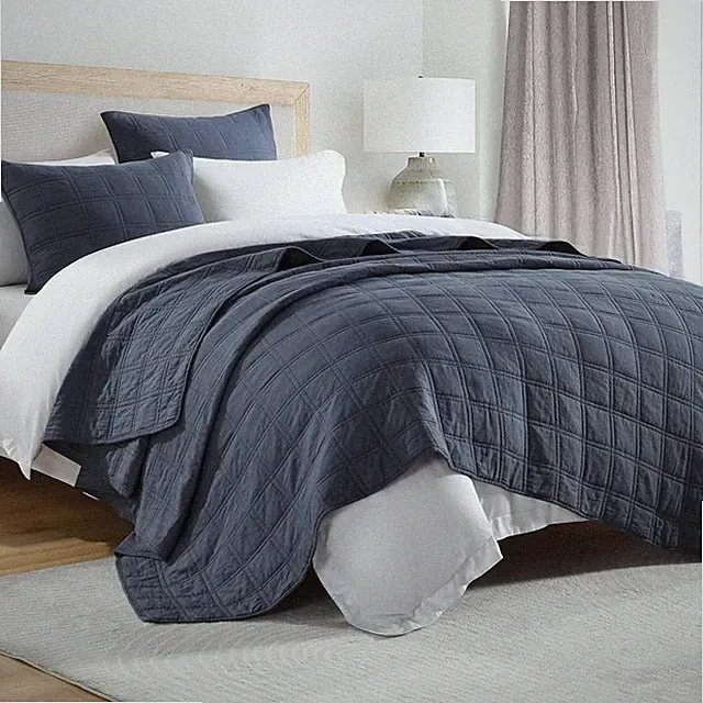 Denim Blue 100% Cotton Queen Quilt Set with 2 Shams, Geometric Design