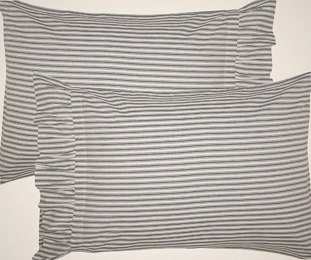 Denim Blue Ticking Stripe Ruffled Pillowcase Set Farmhouse Bedding Sawyer Mill