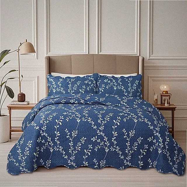 Embossed Pinsonic Bedspread Coverlet Printed Quilt Set, Vine Leaves Denim Blue