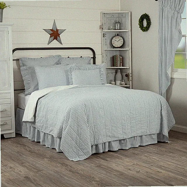Farmhouse California King Ticking Stripe Coverlet Blue Bedroom Decor VHC Brands