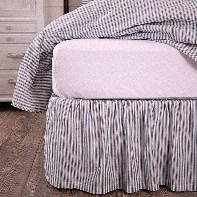 Farmhouse King Ticking Stripe Bed Skirt Blue Gathered Bedroom Decor VHC Brands