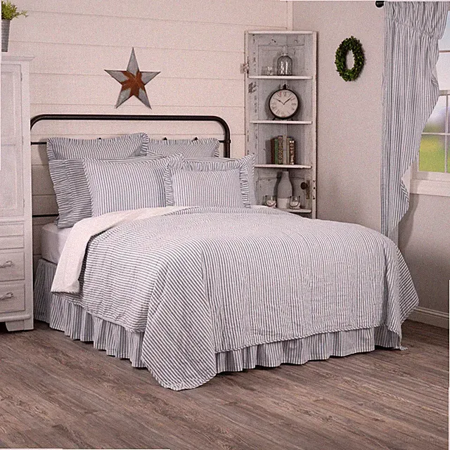 Farmhouse King Ticking Stripe Coverlet Blue Sawyer Mill Bedroom Decor VHC Brands