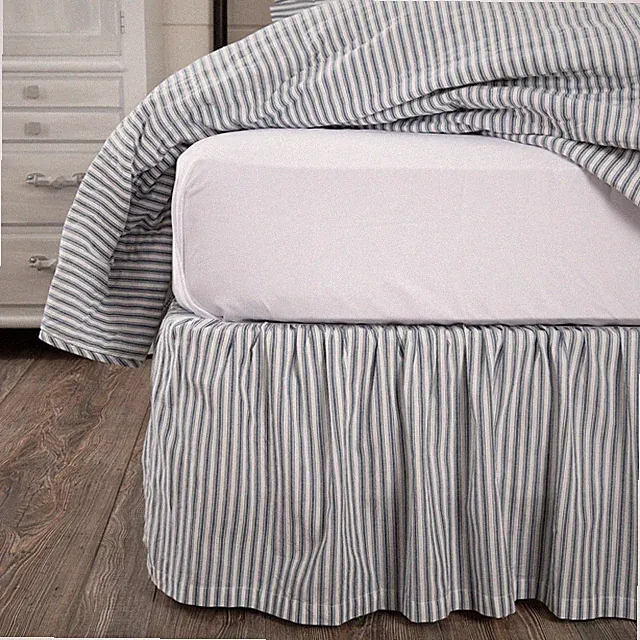 Farmhouse Twin Ticking Stripe Bed Skirt Blue Gathered Bedroom Decor VHC Brands
