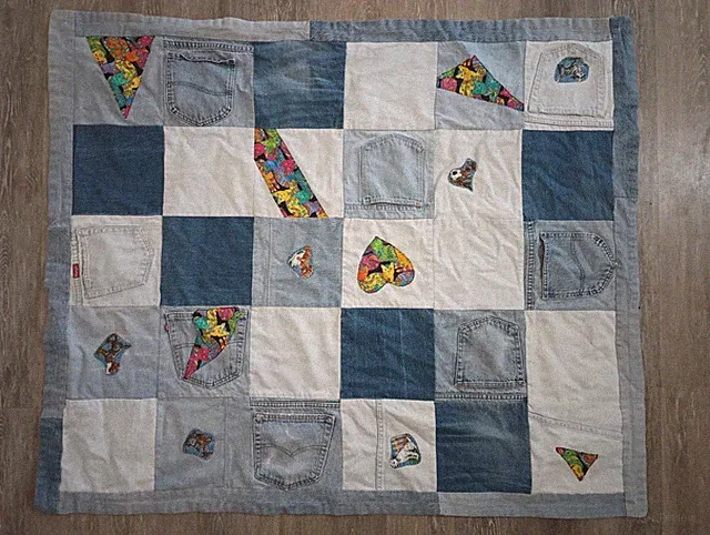 Handmade Denim Patchwork Quilt Throw Blanket Mixed Blue Jeans Levi's Wrangler