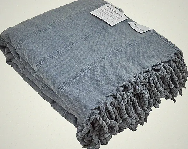 Large Organic Turkish Cotton Throw Blanket - Soft, Lightweight, Denim