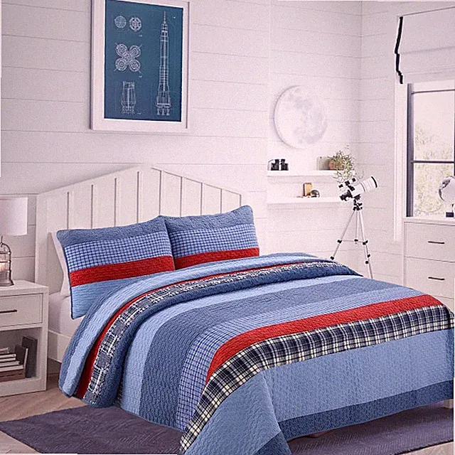 Navy Red Denim Plaid 100%Cotton Quilt Set, Bedspread, Coverlet
