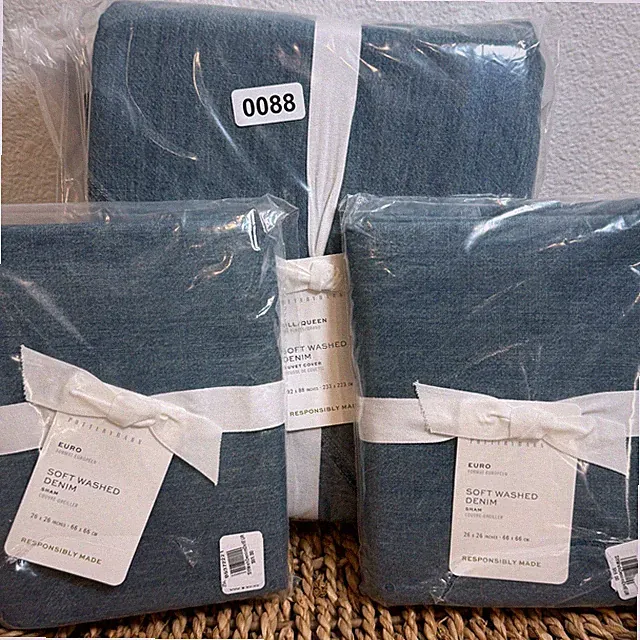 POTTERY BARN SOFT WASHED DENIM DUVET COVER SET, F/Q (2) EURO SHAMS ~ DENIM BLUE