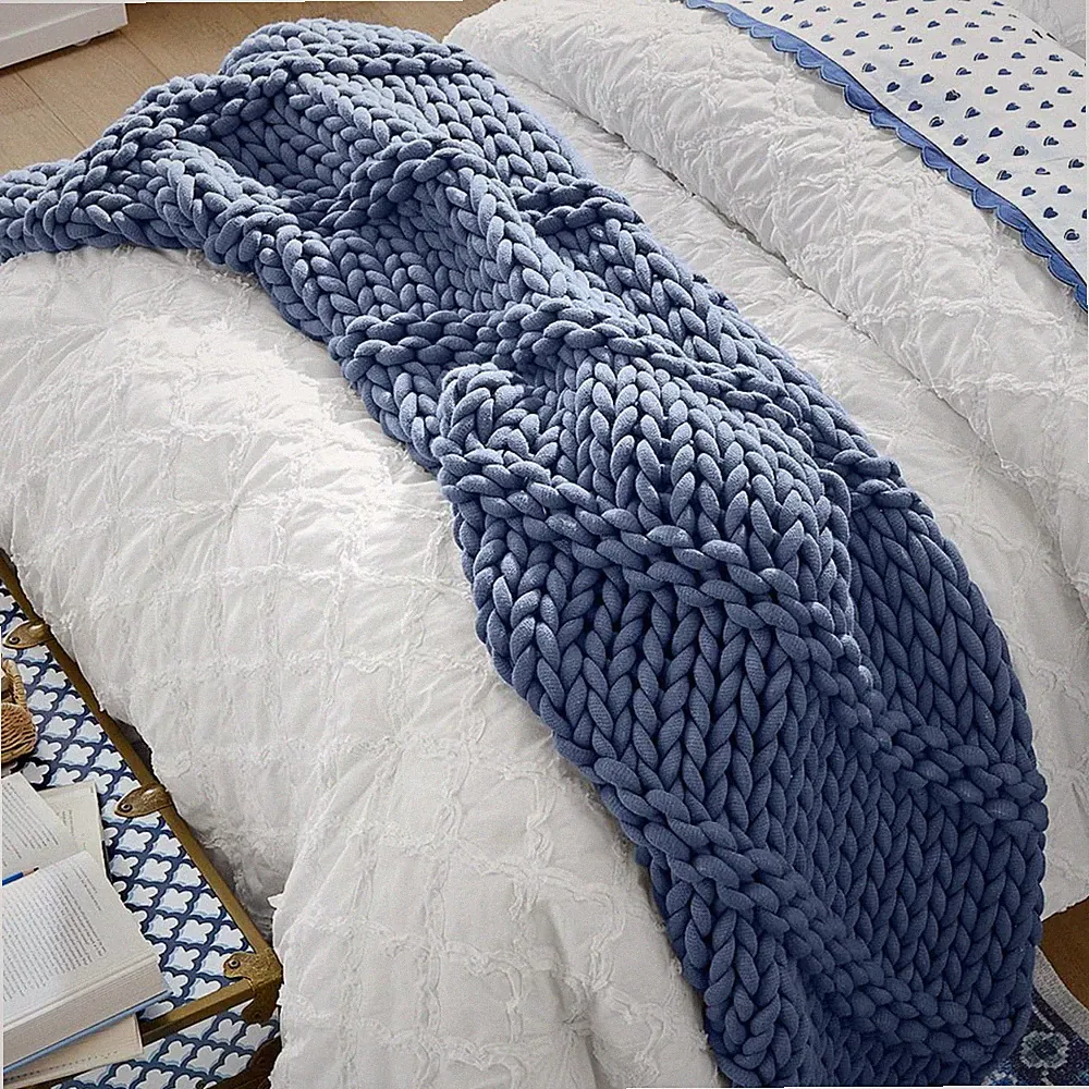 Pottery Barn Teen Blanket Super Chunky Knit Throw Denim 45x55