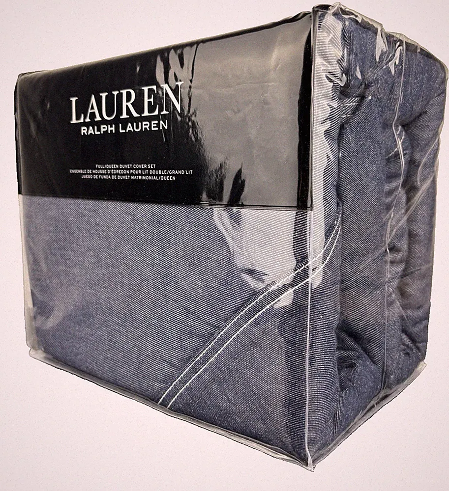 Ralph Lauren Flynn Queen Duvet Cover Set Blue Denim-Look 100% Cotton
