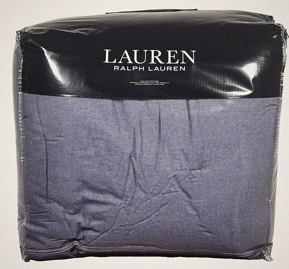 Ralph Lauren King Flynn Comforter Set Blue "Denim-Look" Cotton Bedding w/ Shams