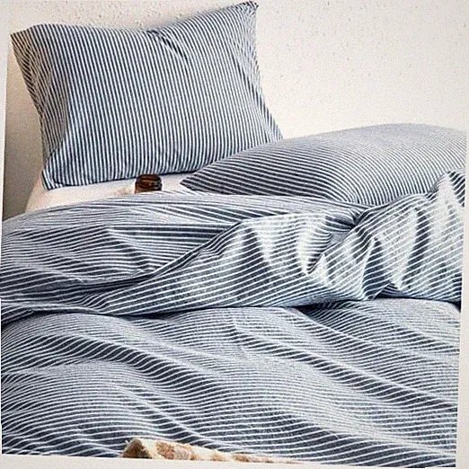 Striped Cotton Duvet Cover Set, 100% Washed Cotton Textured Full Denim Blue