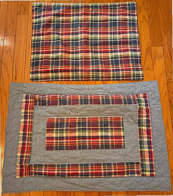 Two RALPH LAUREN SHAM & PILLOWCASE Vintage GARRISON PLAID Madras Blue Denim USA