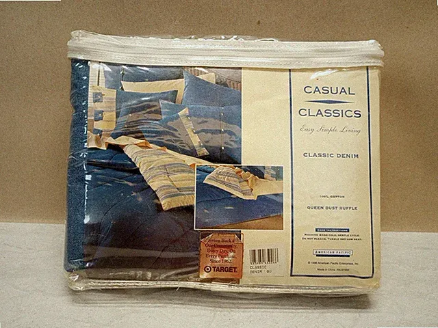 Vintage American Pacific Blue Jean Denim QUEEN BEDSKIRT Dust Ruffle