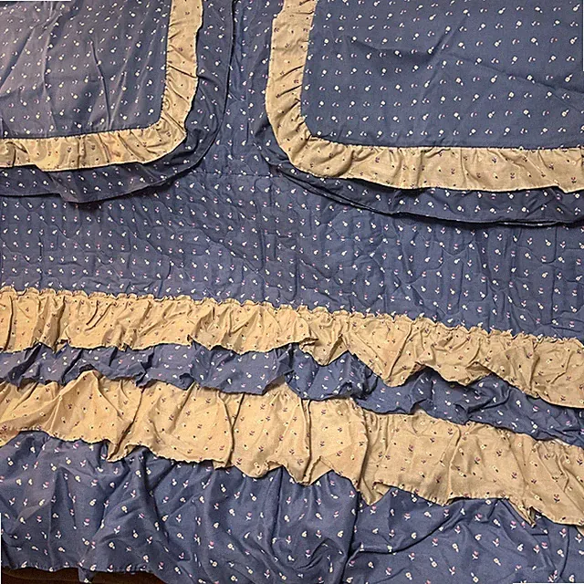 VTG 3 Pc Queen Bedspread Set Shabby Country 4 Rows Ruffles Denim Blue Tan Floral